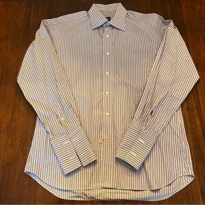 Ike Behar Men’s 100% Cotton Blue & Brown Striped French Cuff Dress Shirt 15 1/2L